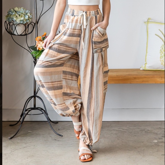 OLI & HALI WASHED 3D STRIPE WIDE LEG CARGO PANTS WOMEN’S SUMMER CARGO PANTS #109 - Picture 3 of 5